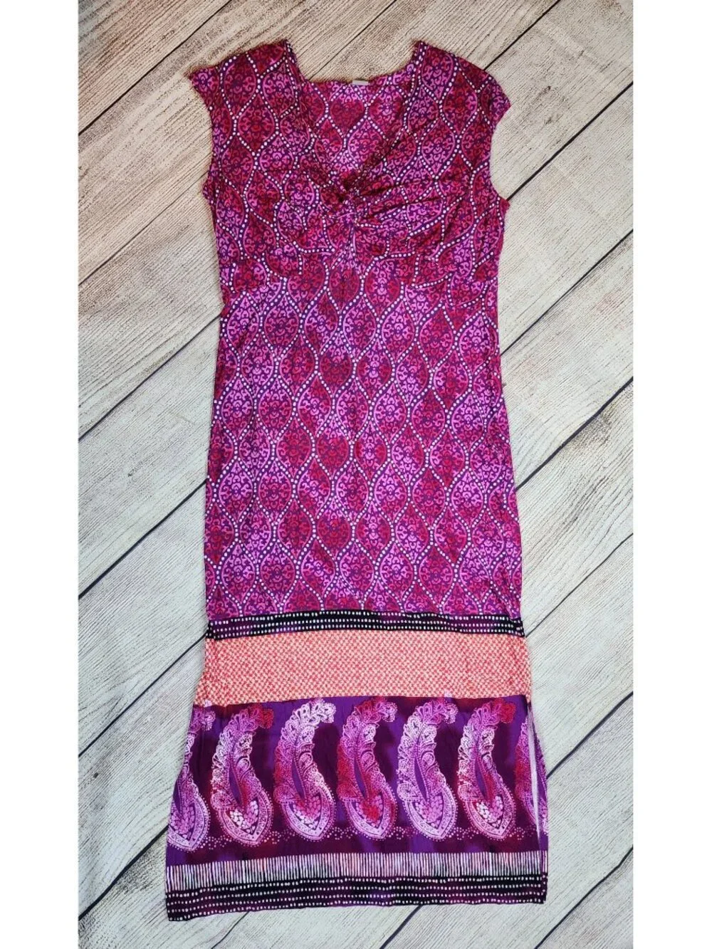 Chico's Vibrant Pink Purple Knot Front Paisley Maxi Dress Size 2 (12/14) Boho - Picture 1 of 12